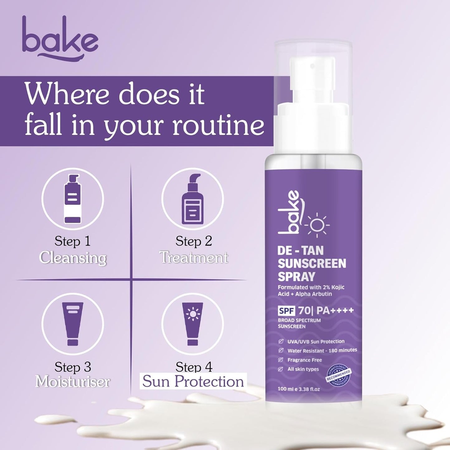 BAKE Spf 70 Sunscreen Spray Pa++++|Waterproof - 180 Minutes|With 2% Kojic Acid & Alpha Arbutin,Sweat Resistant 100Ml