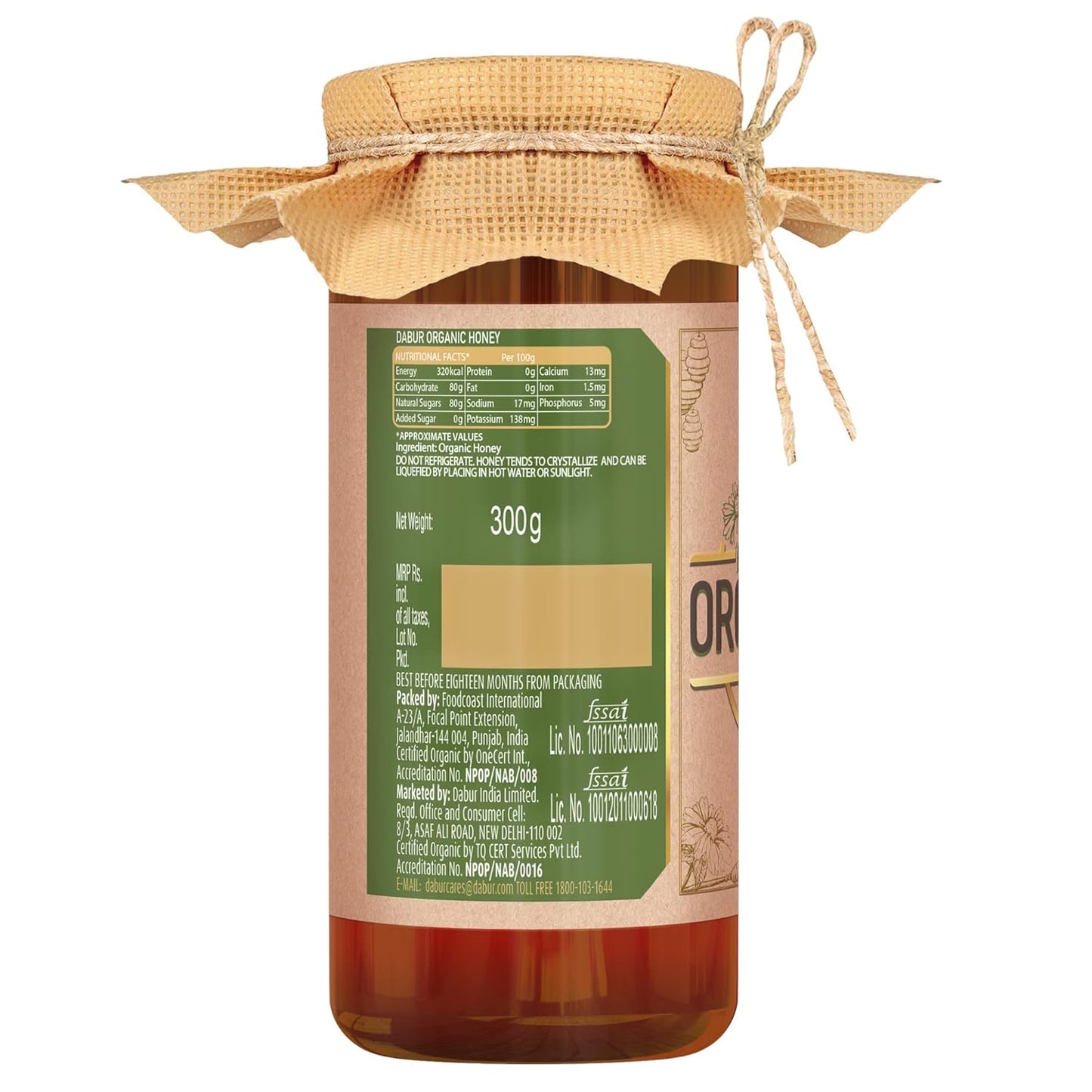 Dabur Raw Organic Honey 300g | 100% Pure and Natural | NPOP Organic Certified