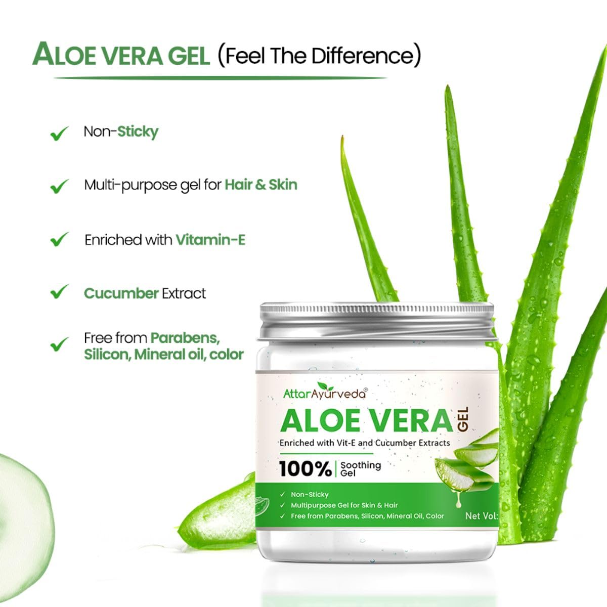 Attar Ayurveda Natural Aloe vera gel for Face, Skin & Hair (200 ml) | With Vit-E and Cucumber extracts