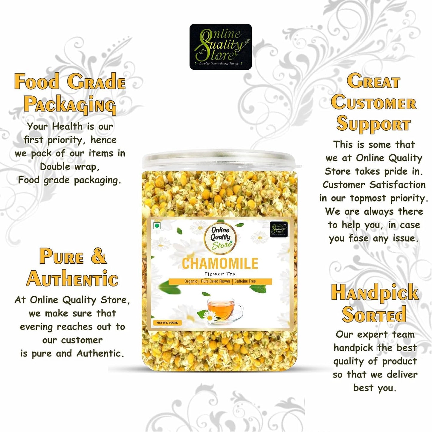 Online Quaity Store Natural Chamomile Flower Tea, Caffeine Free Herbal, 50 gm