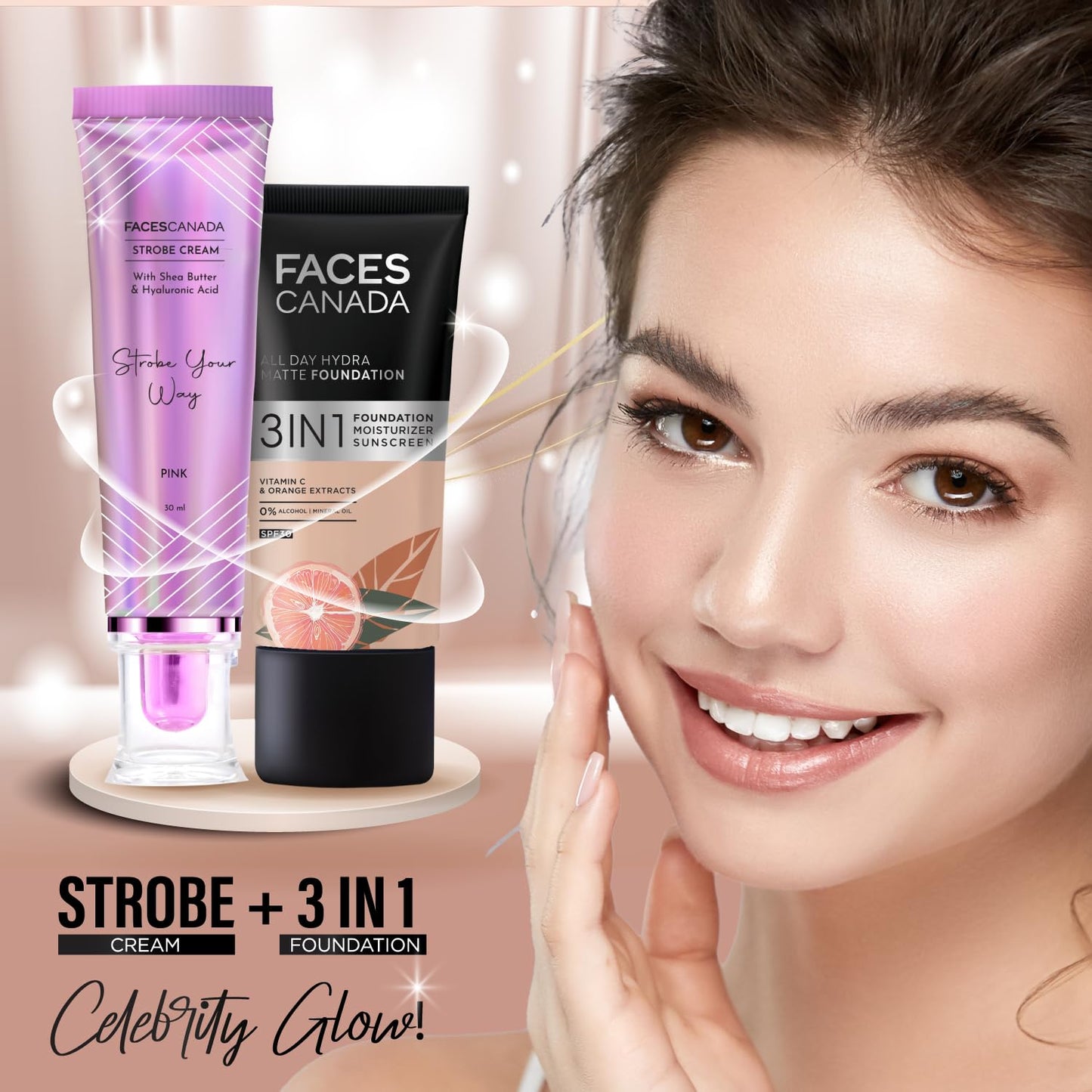 FACES CANADA Strobe Cream - Pink, 30ml | Primer + Highlighter + Moisturizer | Shea Butter & Hyaluronic Acid | Intense Hydration