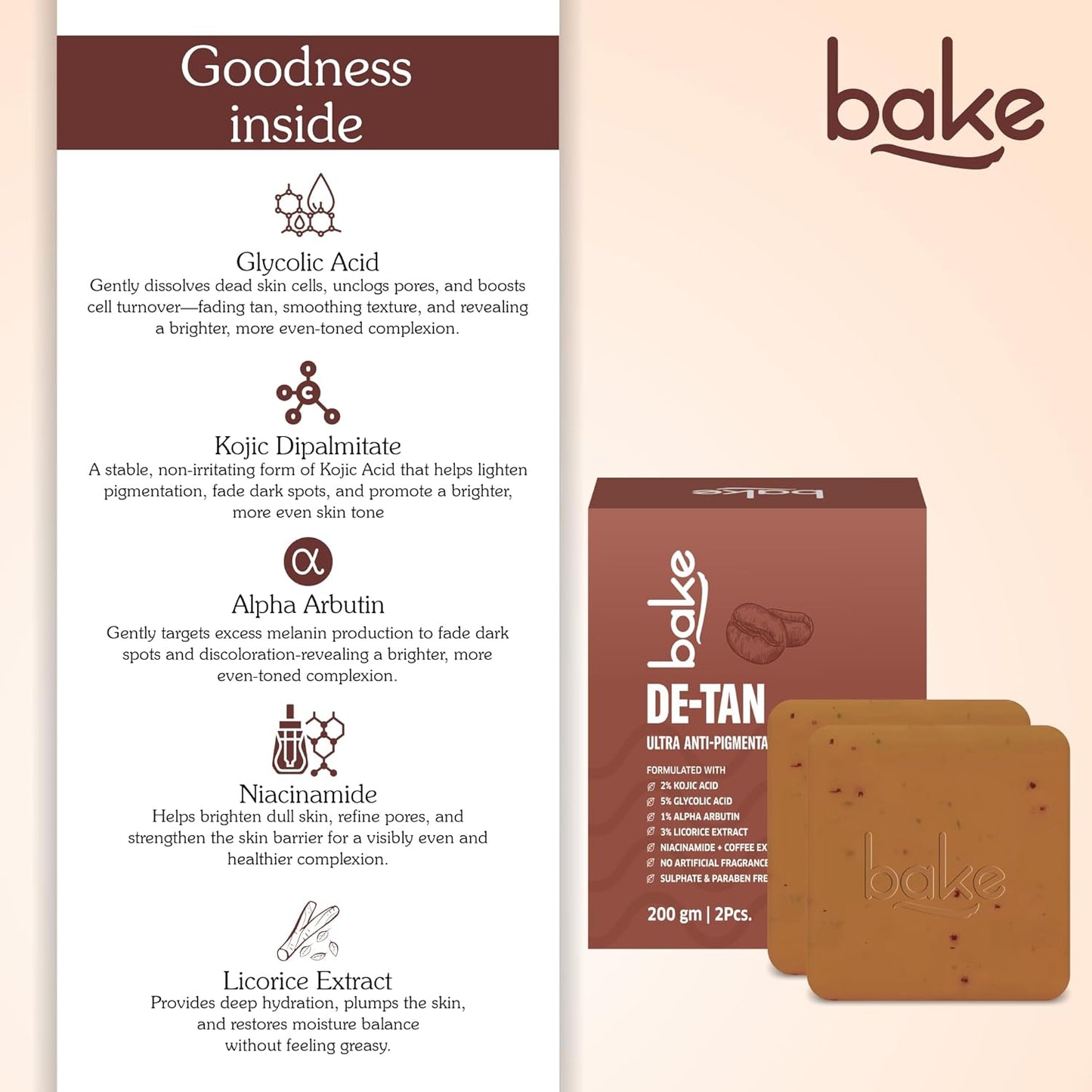 BAKE De-Tan Scrub Treatment Coffee Soap (200Gms Pack of 2) | Ultra Pigmentation Soap for Tan Removal | With 2% Kojic Acid, 1% Glycolic Acid, 1% Alpha Arbutin | | For Pigmentation, Dark Spots & Tan Removal | For Women & Men | 100g x 2