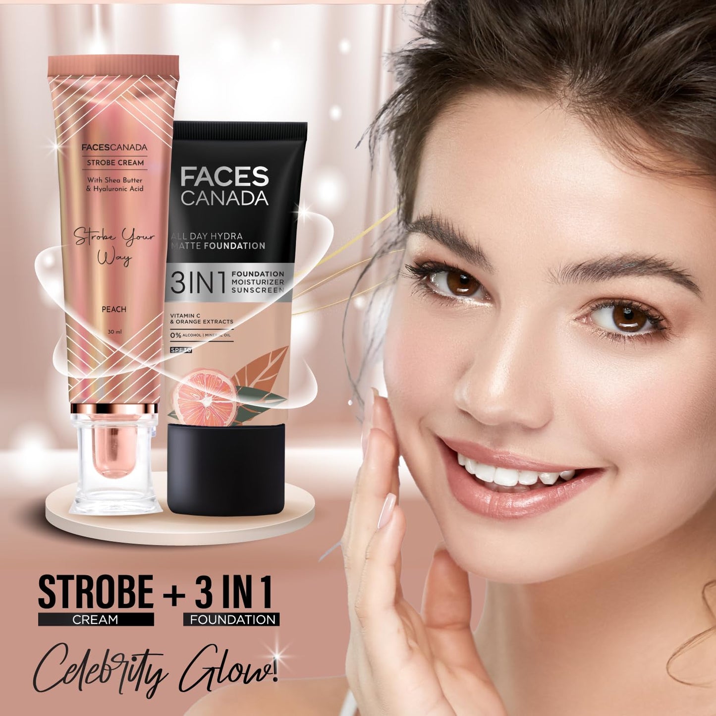 FACES CANADA Strobe Cream - Peach, 30ml | Primer + Highlighter + Moisturizer | Intense Hydration