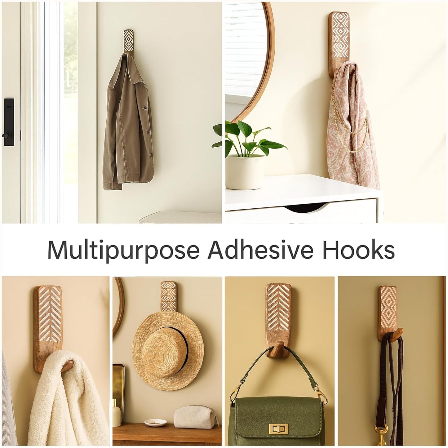 Indian-Shelf 3 Hook, 6 Strip No Damage Wood Wall Hooks- Adhesive Wall Hooks