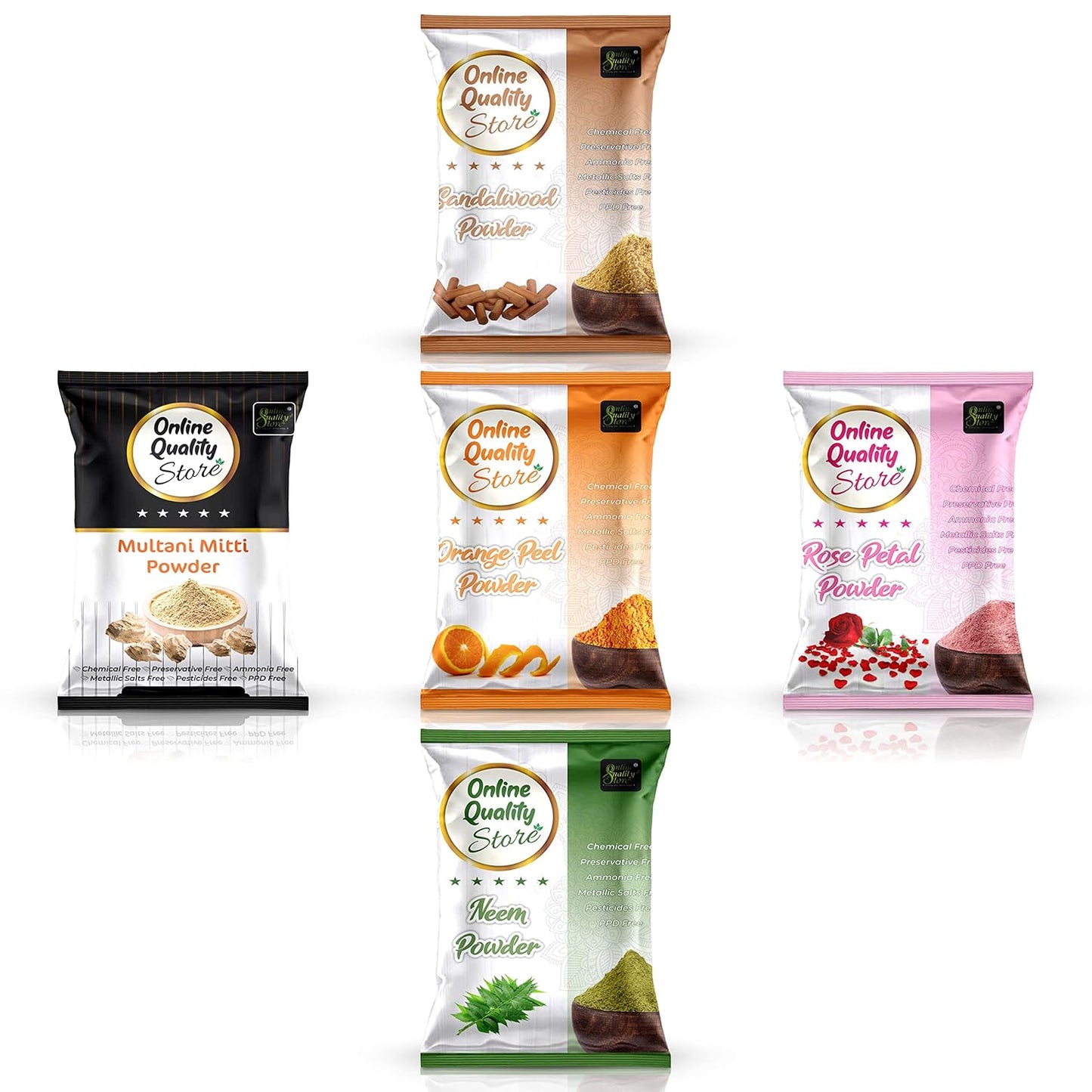 Online Quality Store Multani Mitti Powder + Chandan + Orange Peel + Neem + Rose Powder (Pack of 5) 400g