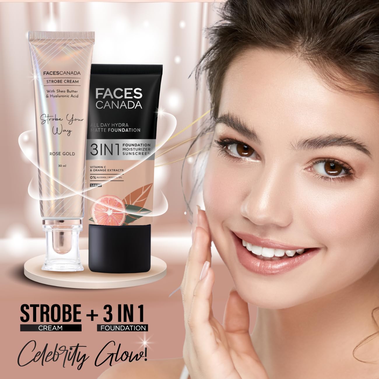 FACESCANADA Strobe Cream - Rose Gold, 30Ml | Primer + Highlighter + Moisturizer | Shea Butter & Hyaluronic Acid | Intense Hydration