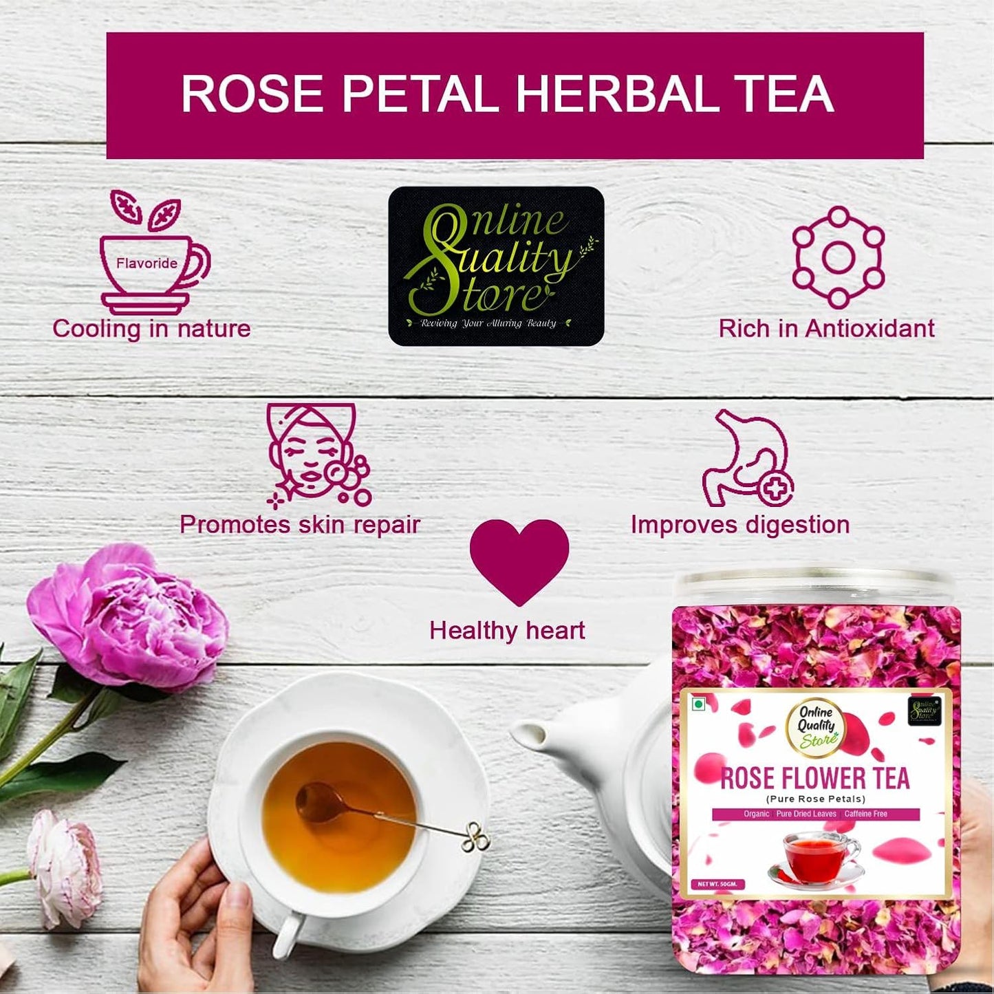 Online Quality Store Natural Rose Flower Tea, Pure Petals, Caffeine Free Herbal, Use for Iced, Cocktails. 50 gm