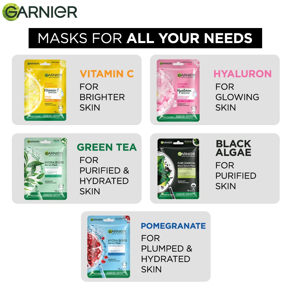 Garnier Skin Naturals, Face Mask Set, Hydrating, Pore Reducing, Brightening, and Enhances Glow, Hydra Bomb Serum Mask & Black Serum Mask, 5 pcs, 140g