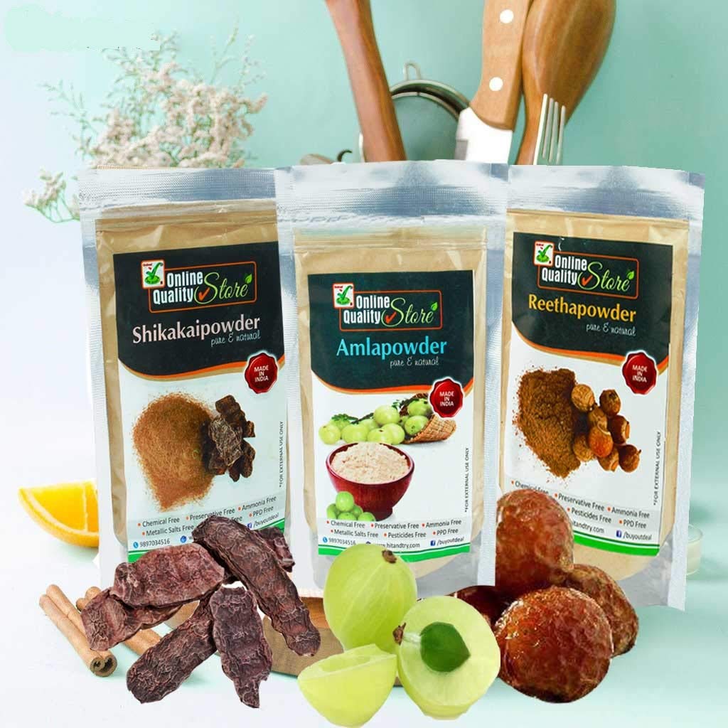 Online Quality Store Amla, Reetha, Shikakai Powder Combo powder Pack for Hair|reetha amla shikakai combo powder|hair shampoo family pack (Pack of 3 ,Total 2700g Pack)