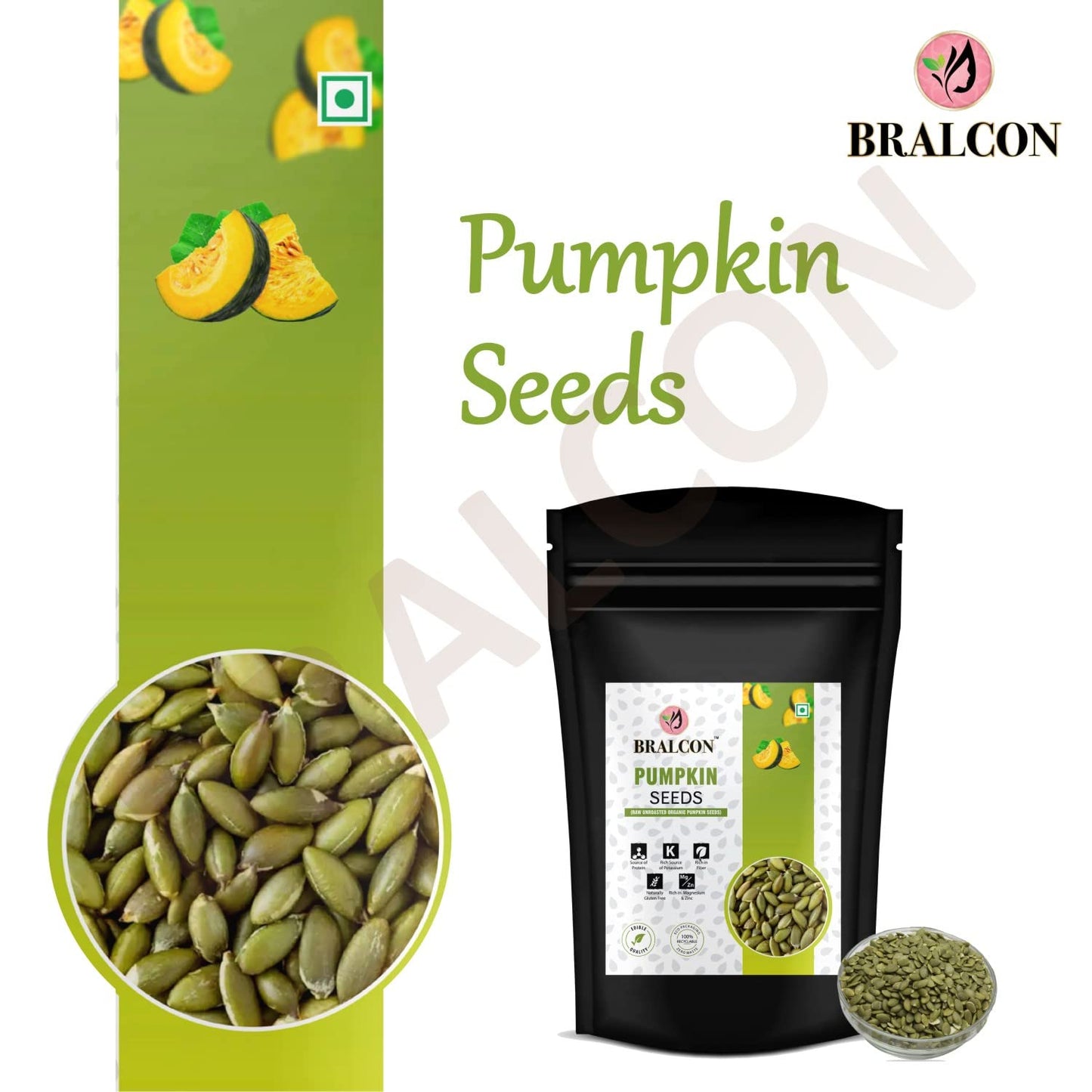 BRALCON Organic Pumpkin Seeds - 100g | Raw Unroasted Pumpkin Seeds for Eating | Protein and Fiber Rich Superfood | Rich in Omega-3 fatty acids