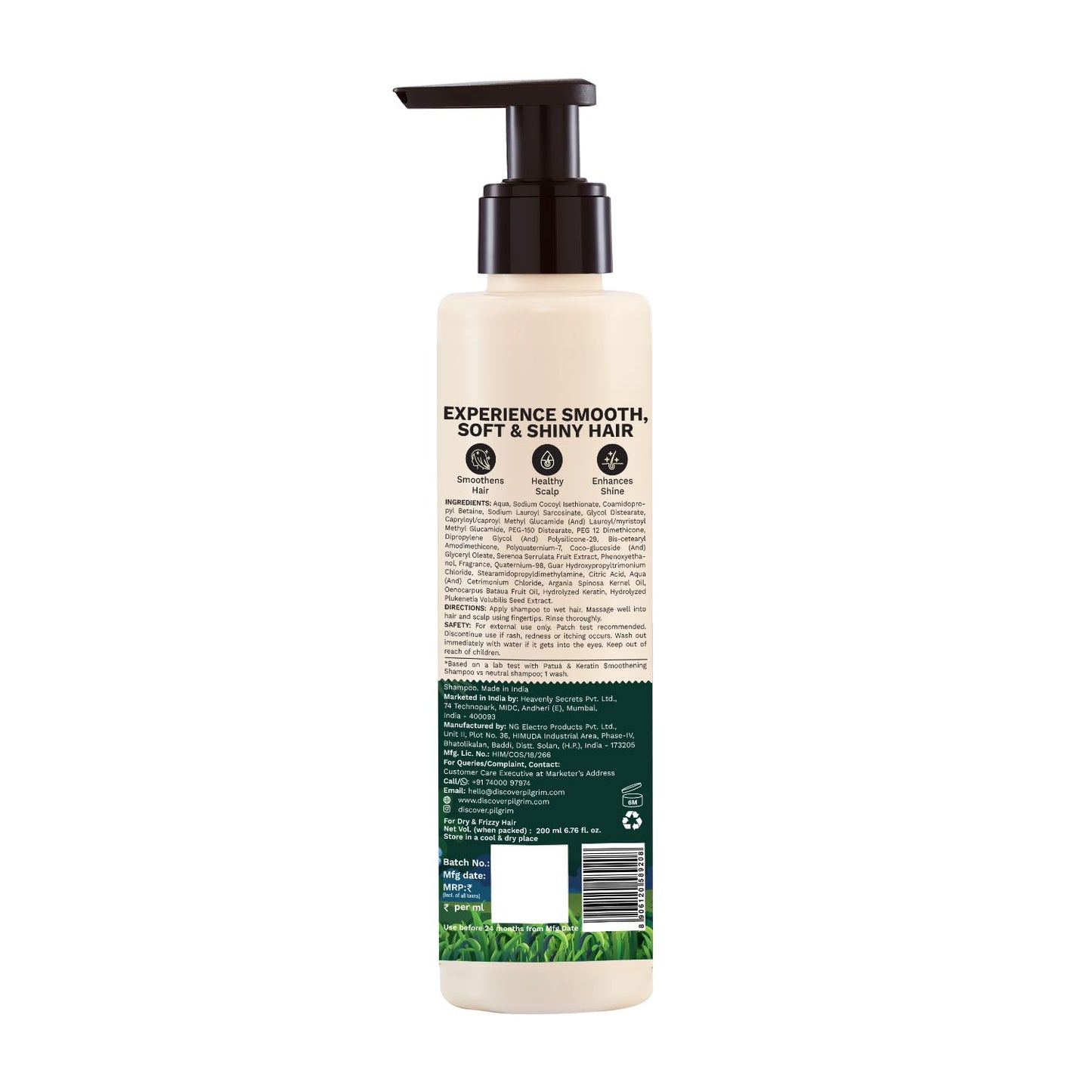 Pilgrim Patuá & Keratin Hair SMOOTHENING SHAMPOO for Dry & Frizzy hair | Sulphate & Paraben free shampoo for Women & Men | Hair Smoothening & healthy scalp | 200 ml