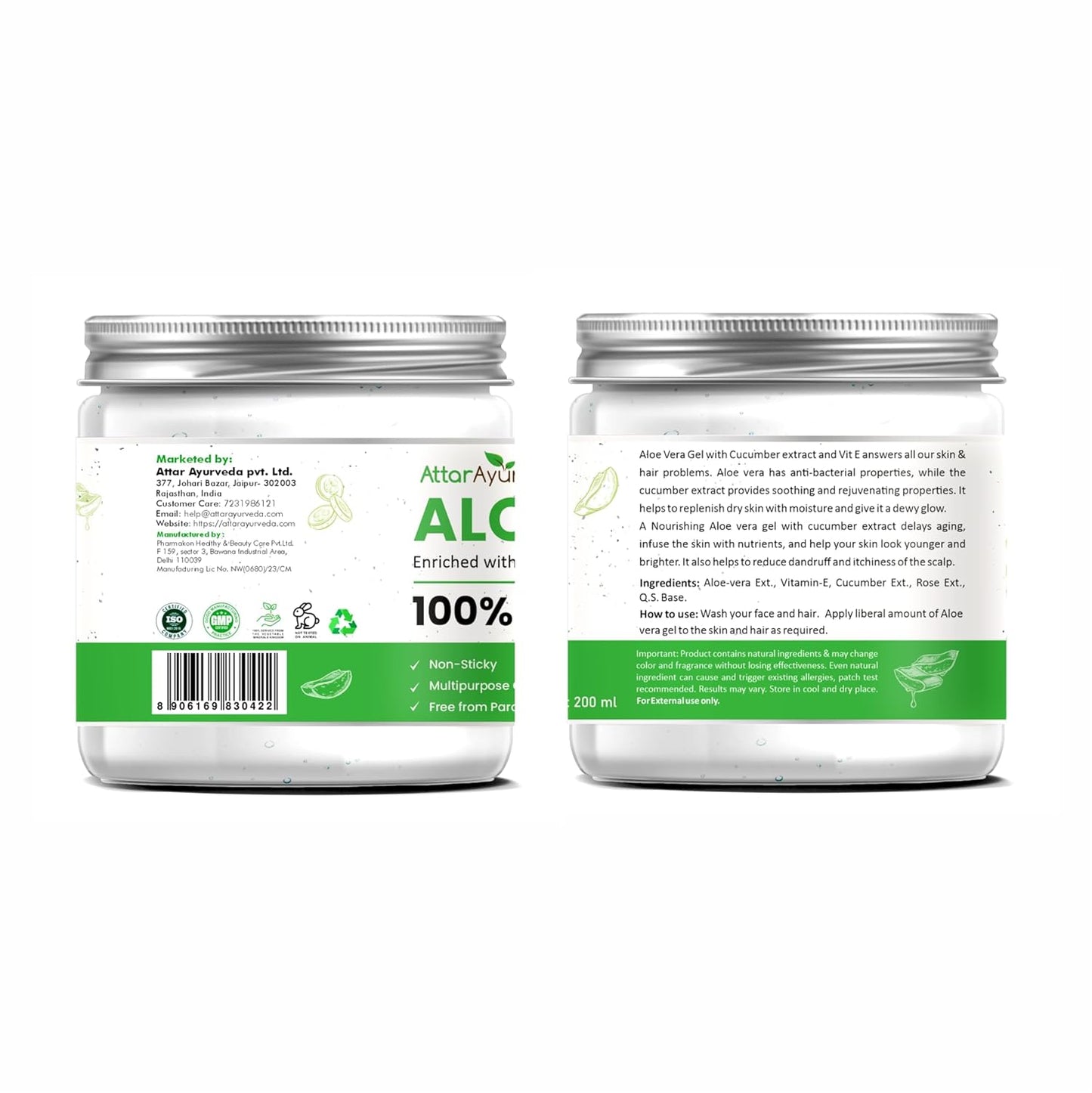 Attar Ayurveda Natural Aloe vera gel for Face, Skin & Hair (200 ml) | With Vit-E and Cucumber extracts