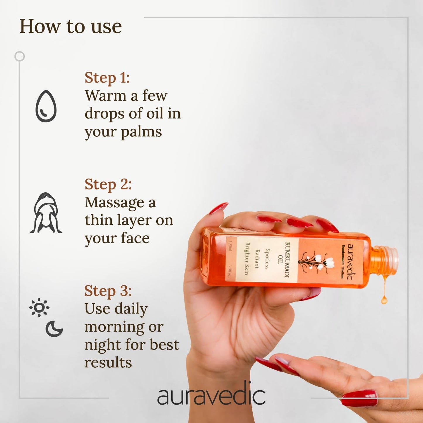 Auravedic Kumkumadi Oil For Face 100 Ml, Pack of 3, Kumkumadi Tailam Face Oil For Glowing Skin, Dark Spot Corrector Face Serum