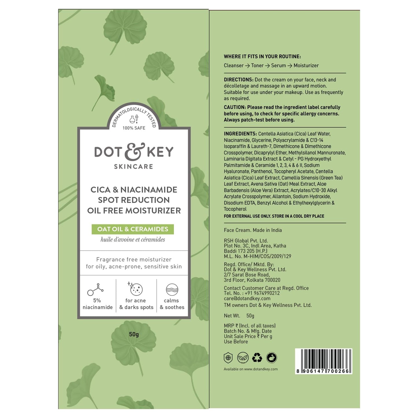 Dot & Key Cica + Niacinamide Oil-Free Face Moisturizer, 60 ml