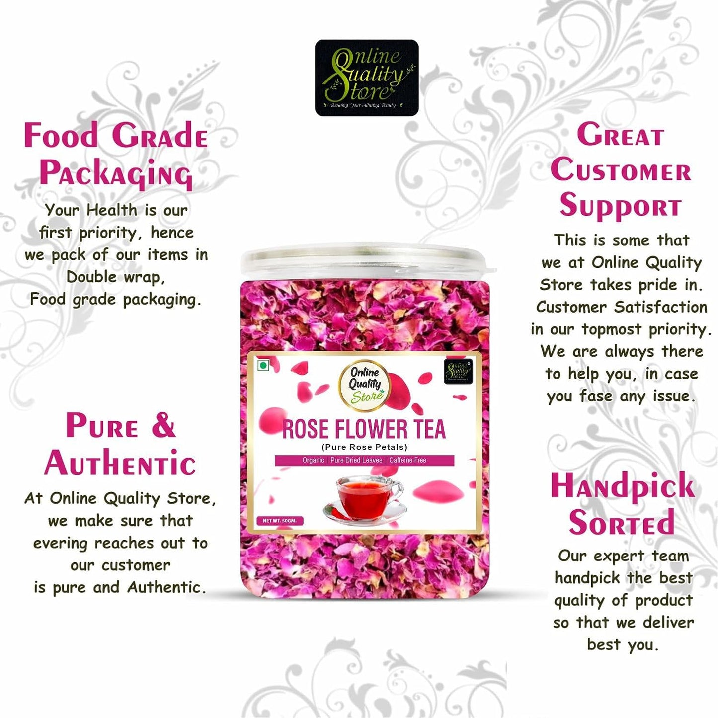 Online Quality Store Natural Rose Flower Tea, Pure Petals, Caffeine Free Herbal, Use for Iced, Cocktails. 50 gm