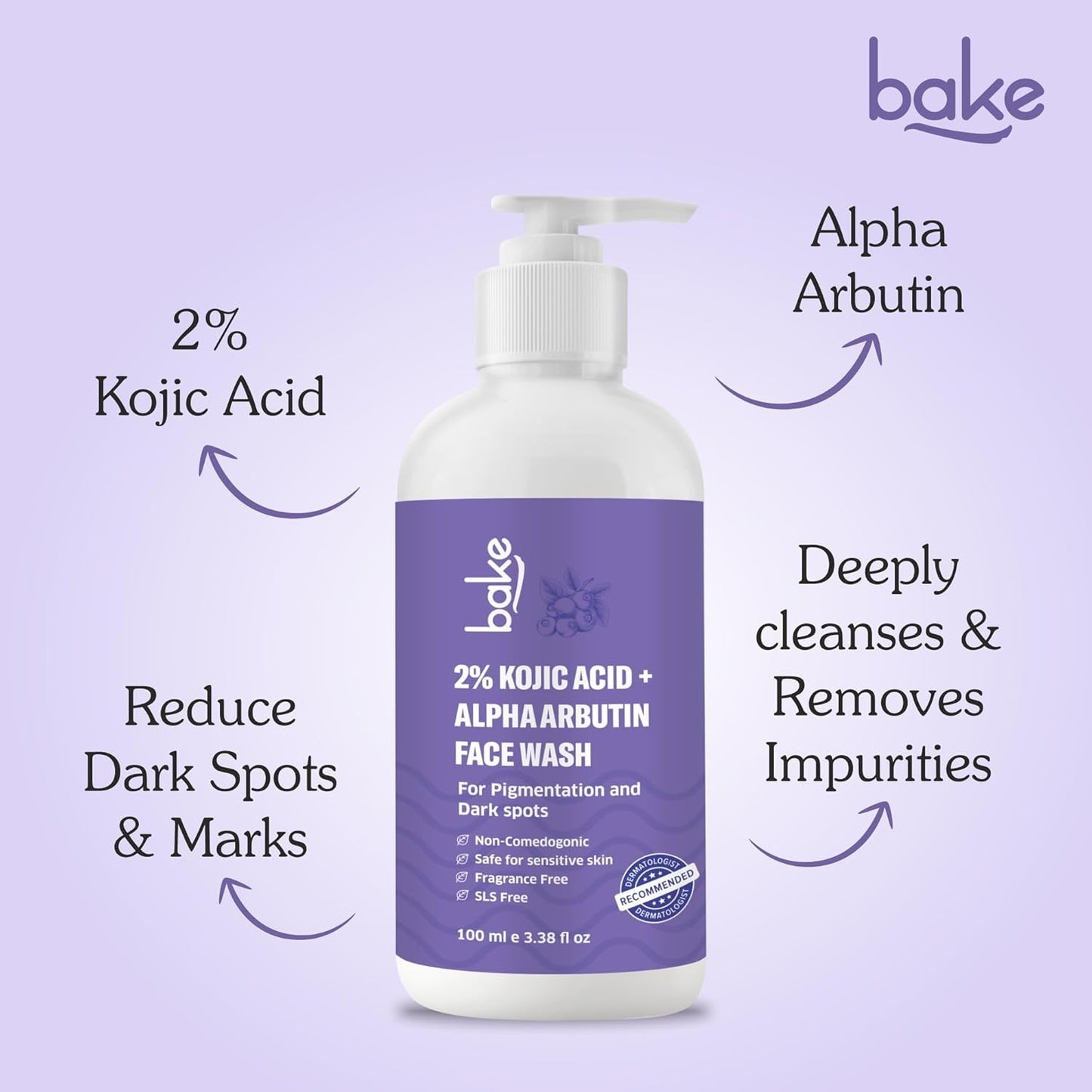 BAKE 2% Kojic Acid Brightening Face Wash with Alpha Arbutin & Niacinamide | De-Tan Face Wash | For Pigmentation, Dark Spots & Tan Removal | Anti Pigmentation Daily Wash - 100ml