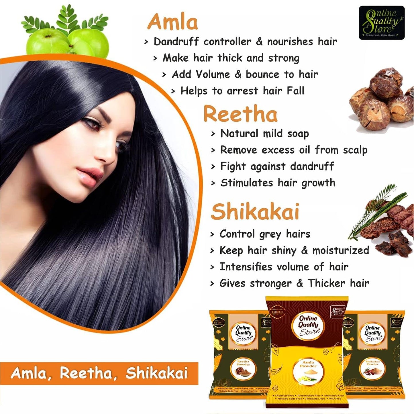 Online Quality Store Reetha Amla Shikakai Powder For Hairs(Reetha 350 Grams,Shikakai 350 Grams, Amla 200 Grams