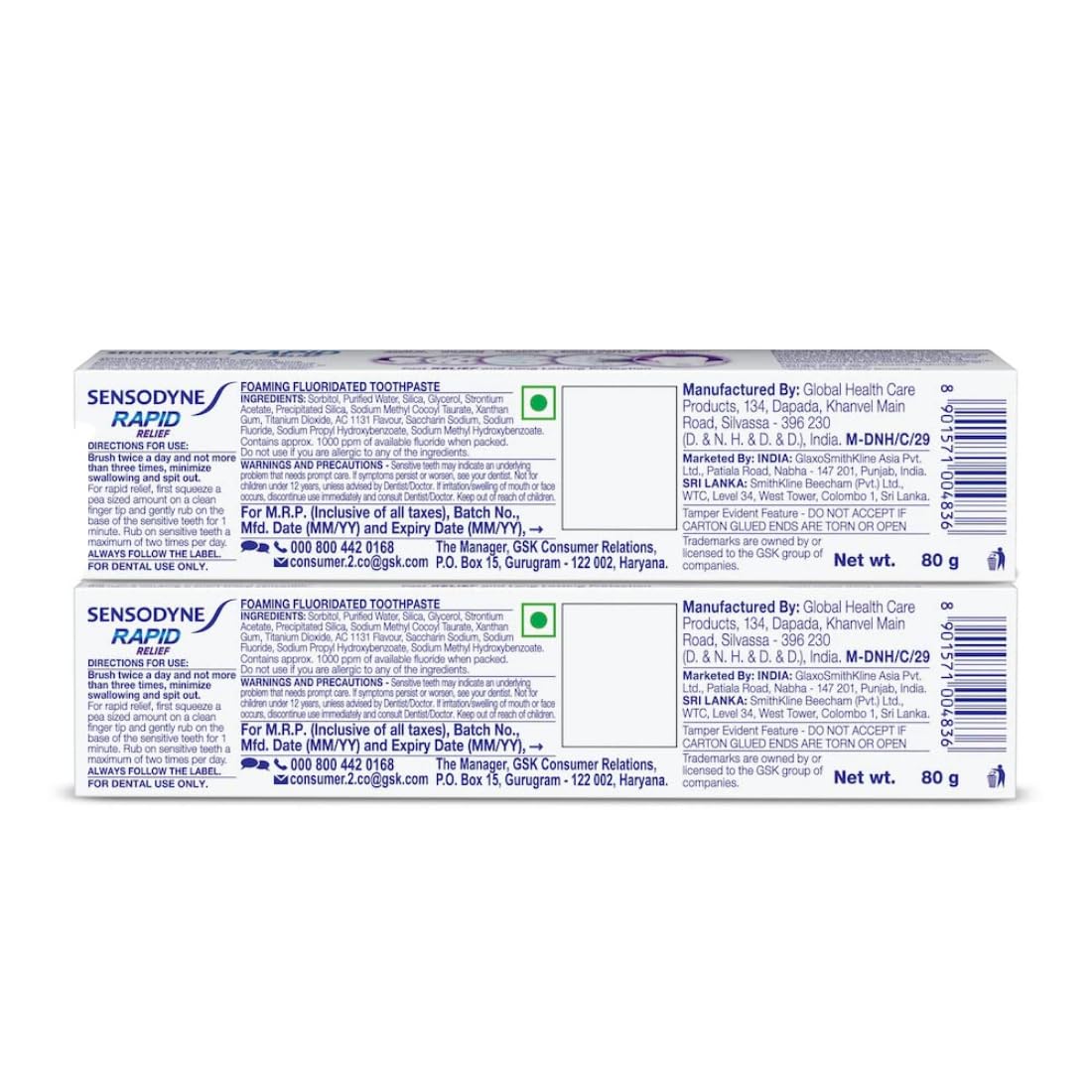 Sensodyne Toothpaste Rapid Relief Combo pack, Sensitive tooth paste to help beat sensitivity fast, 160 gm multi-pack (80 gm x 2)