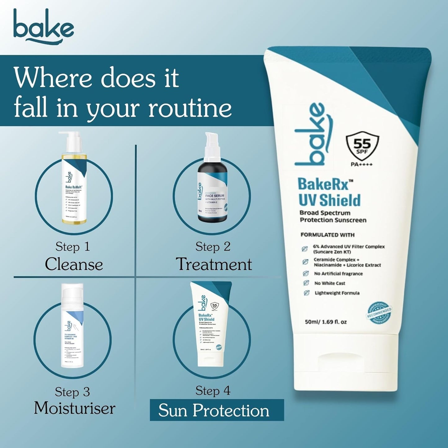 Bake UV Shield Broad Spectrum Sunscreen SPF 55 PA++++ with 6% Advanced UV Filter Complex, 50 gm