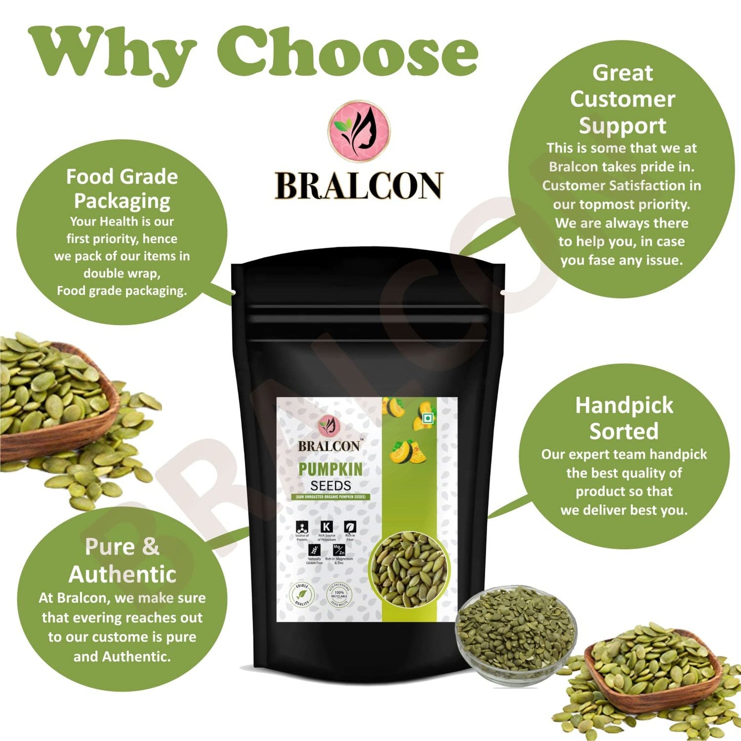 BRALCON Organic Pumpkin Seeds - 100g | Raw Unroasted Pumpkin Seeds for Eating | Protein and Fiber Rich Superfood | Rich in Omega-3 fatty acids