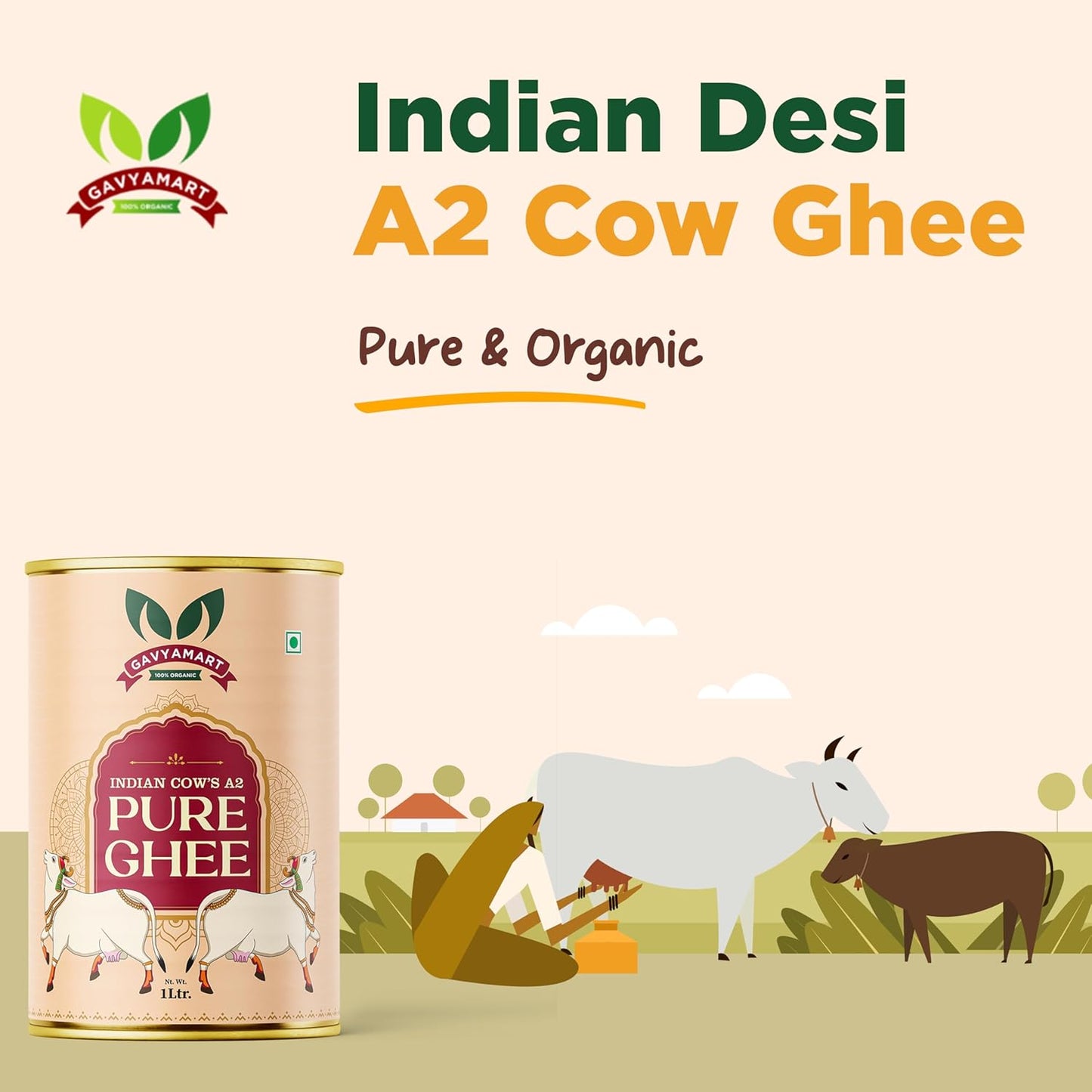 Gavyamart A2 Cow Ghee , Grassfed Ghee – Pasture Raised, Hand Crafted Clarified Butter, 1 L