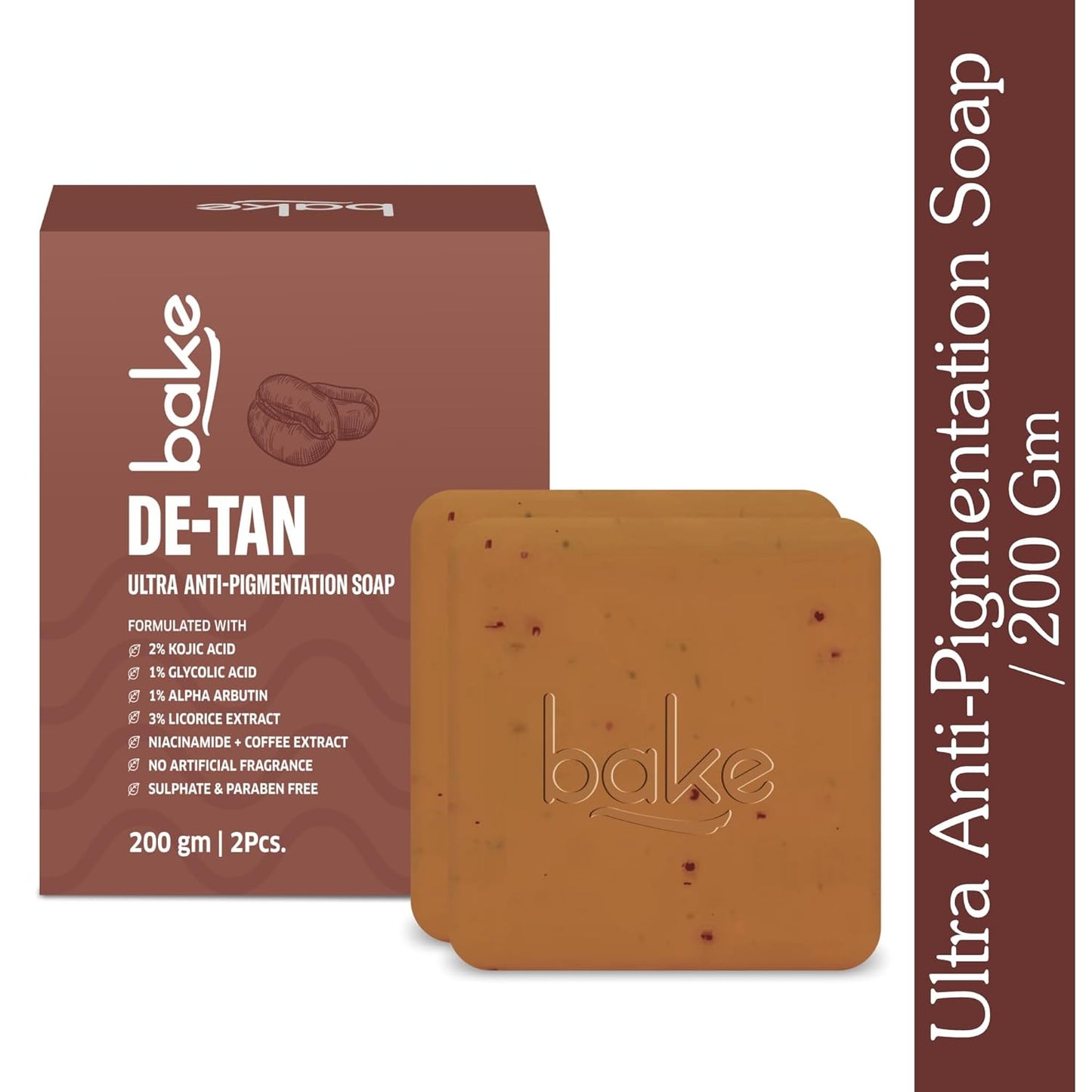 BAKE De-Tan Scrub Treatment Coffee Soap (200Gms Pack of 2) | Ultra Pigmentation Soap for Tan Removal | With 2% Kojic Acid, 1% Glycolic Acid, 1% Alpha Arbutin | | For Pigmentation, Dark Spots & Tan Removal | For Women & Men | 100g x 2