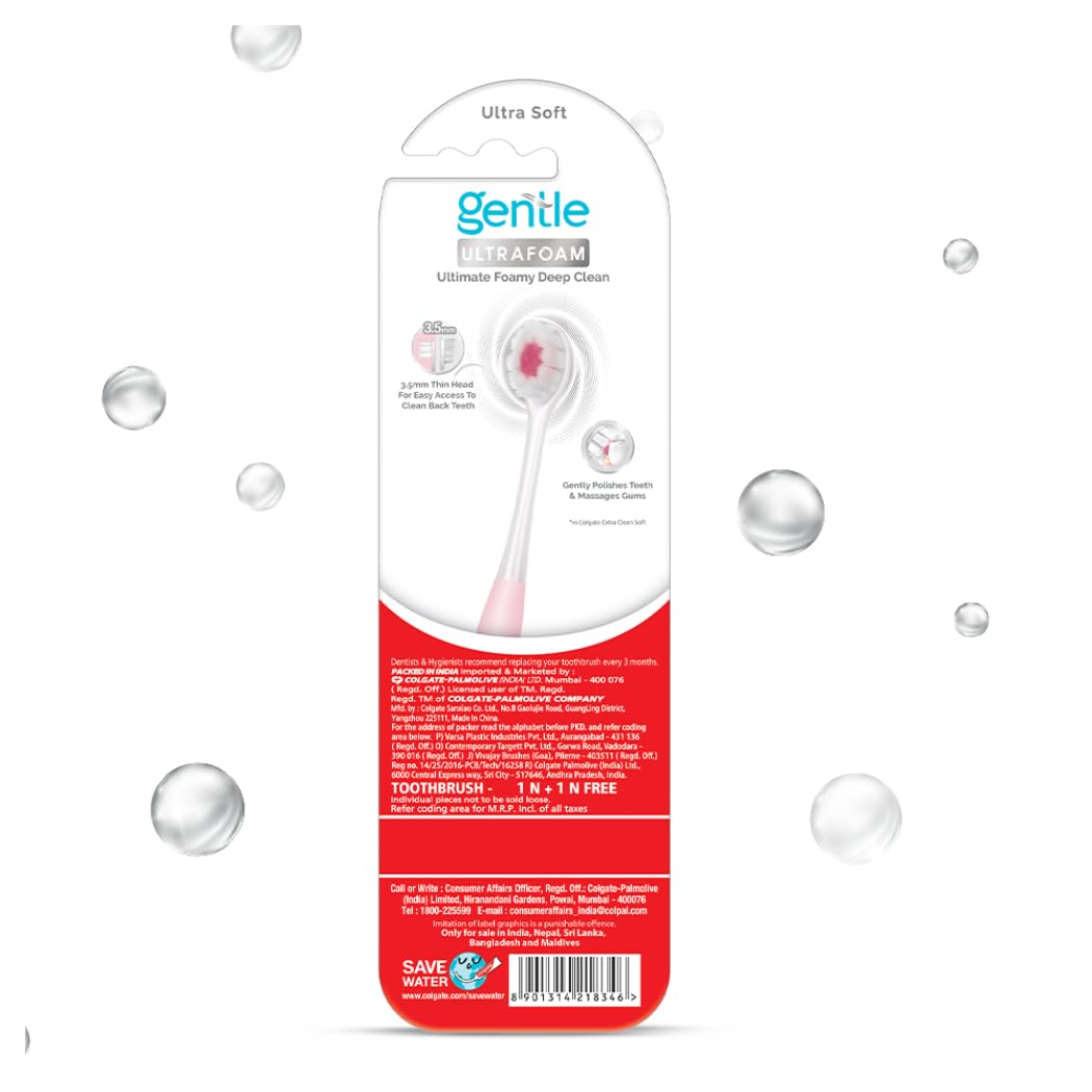 Colgate Gentle Toothbrush Ultrafoam, Ultra Soft Manual Toothbrush For Adults-2 Pcs, Multi Colour