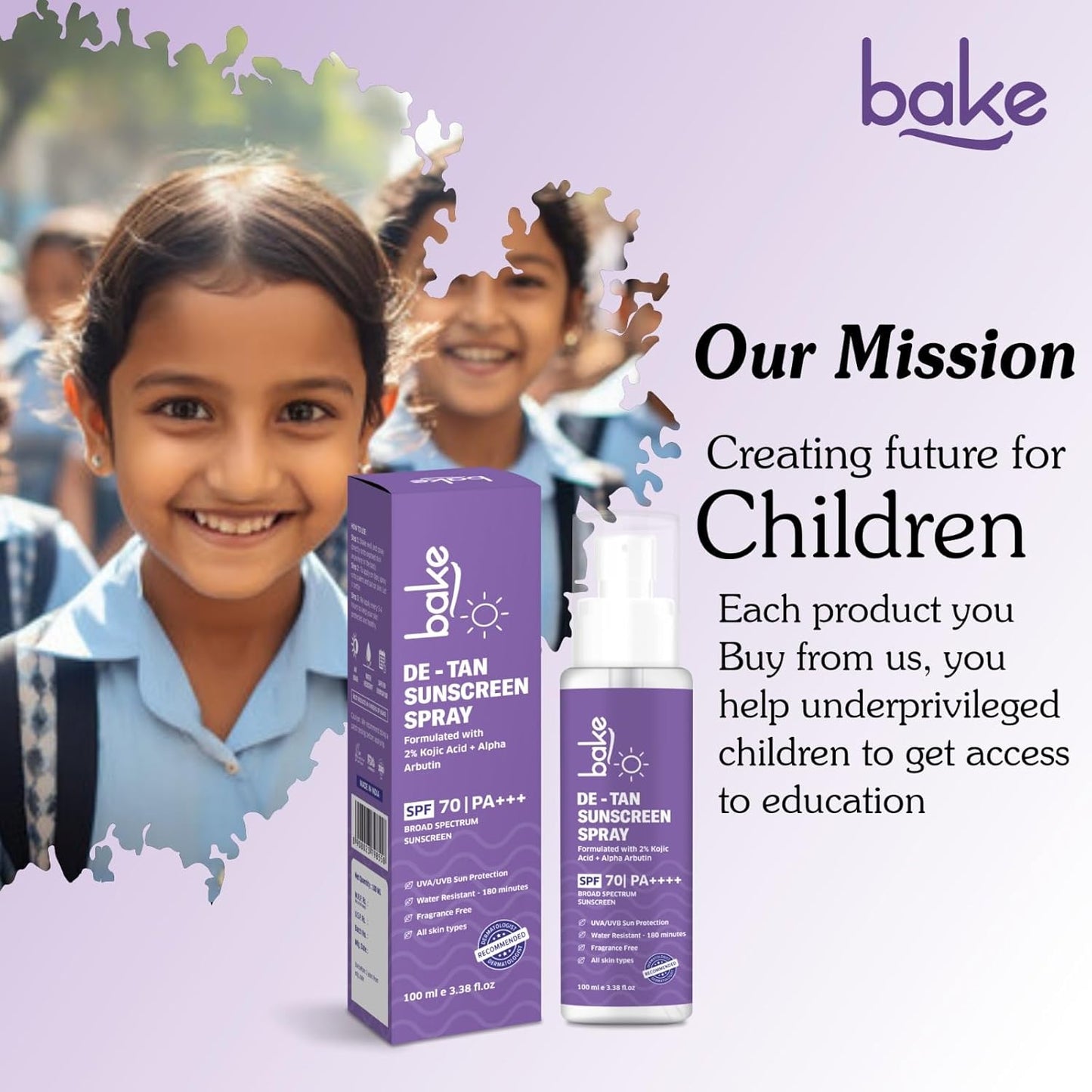 BAKE Spf 70 Sunscreen Spray Pa++++|Waterproof - 180 Minutes|With 2% Kojic Acid & Alpha Arbutin,Sweat Resistant 100Ml