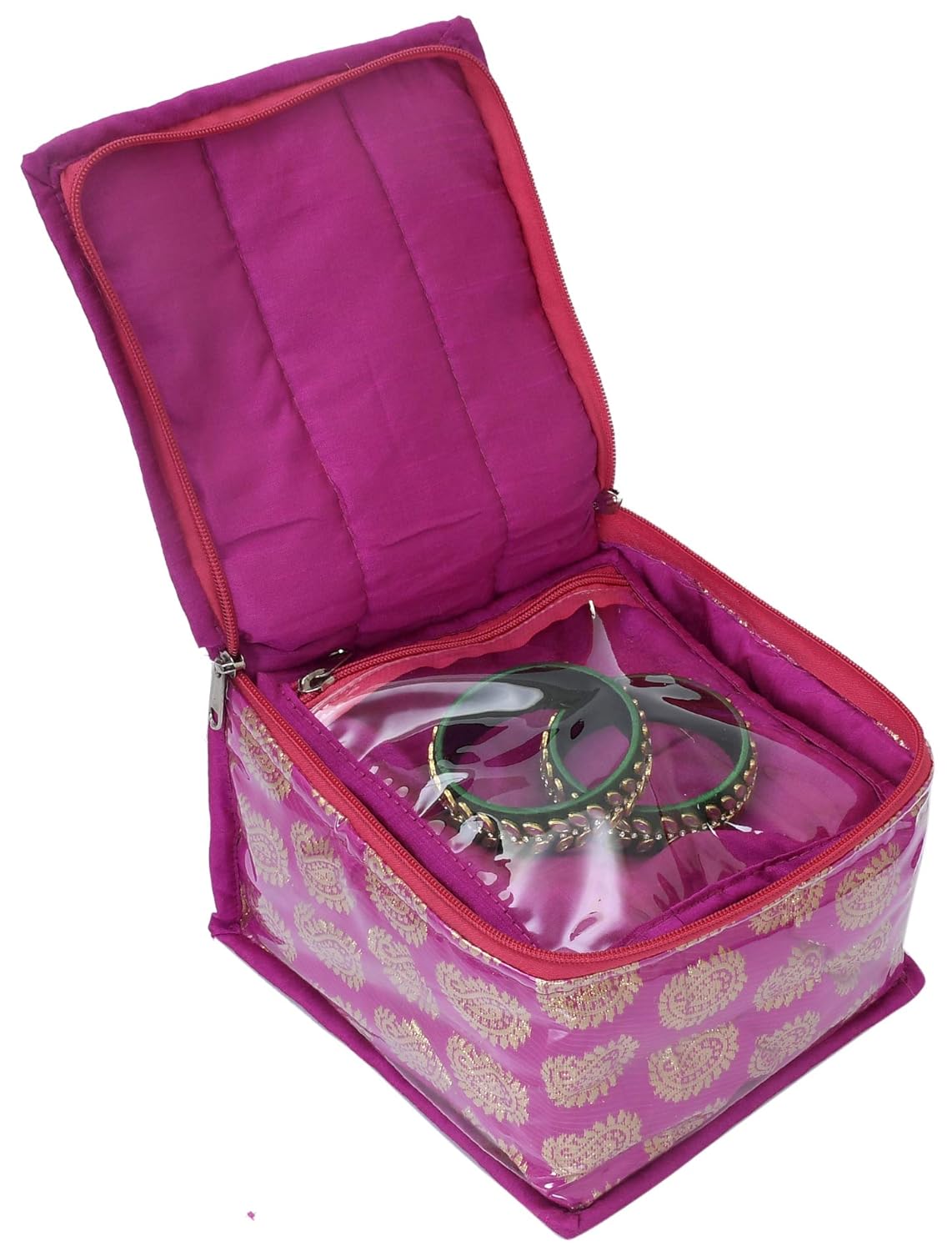 Kuber Industries Brocade Jewellery Kit|Wedding collection Gift with 10 Pouches, Pack of 1 (Pink)