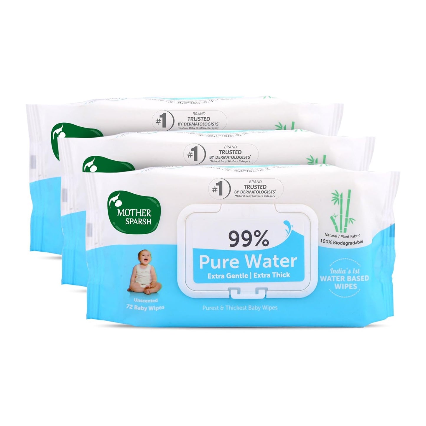 Mother Sparsh 99% Pure Water (Unscented) Baby Wipes, Super Thick I 72pcs/Pack - Pack Of 3