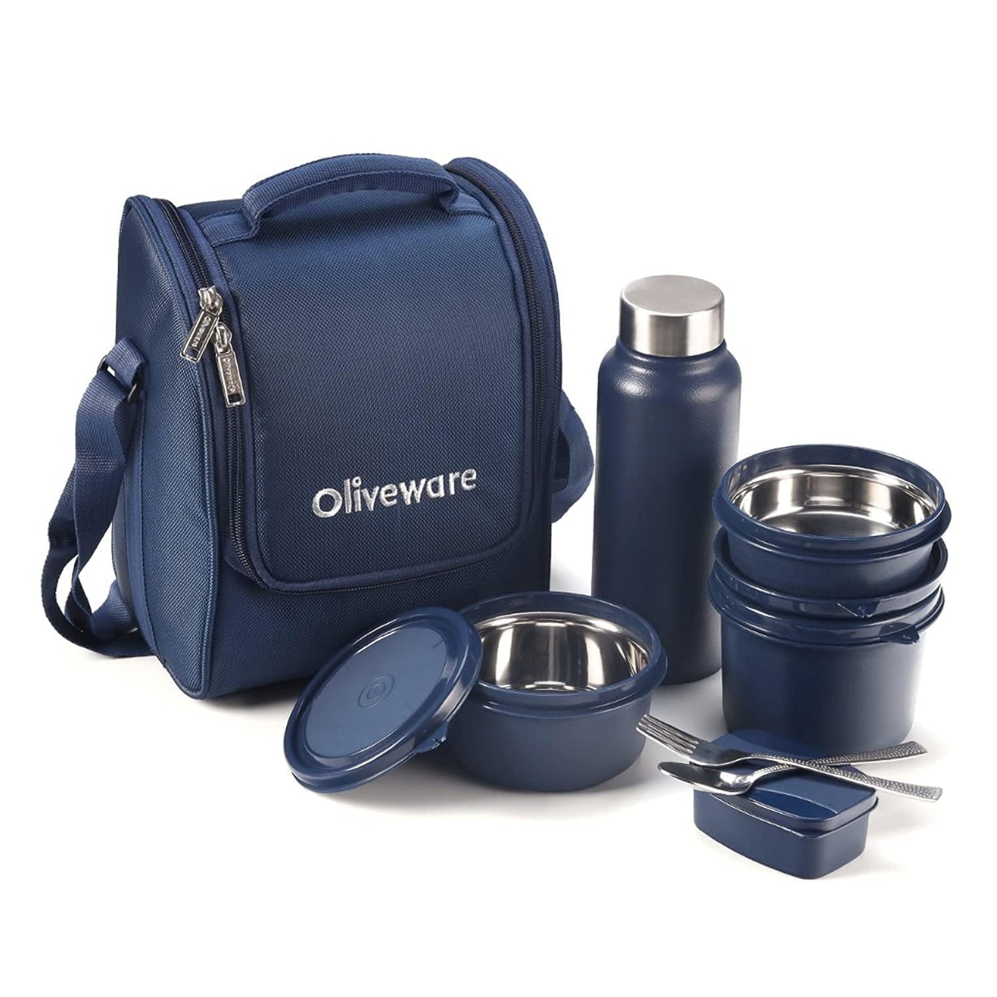 Oliveware Teso Pro Lunch Box | 3 Stainless Steel Containers | Plastic Pickle Box | Steel Spoon & Fork | Microwave Safe (Black)