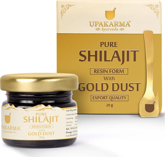 Upakarma Pure Shilajit Resin with Gold Dust 20g | Potent 300mg/serving , Potent Ayurvedic Formula with 24 Carat Gold