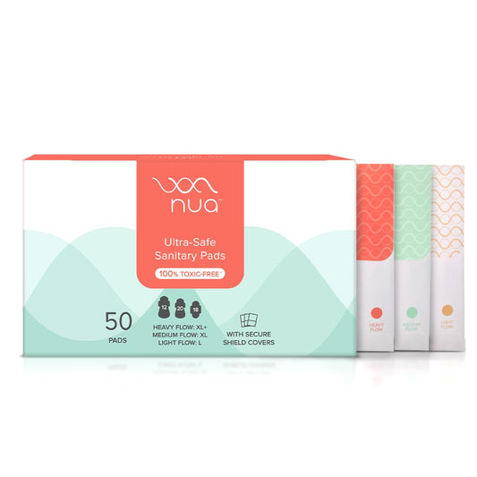 Nua Ultra-Safe Sanitary Pads For Women | 50 Ultra Thin Pads | 3 sizes in 1: Heavy Flow-XL+, Medium-XL & Light-L | Safe on Skin | Toxic-Free & Rash-Free