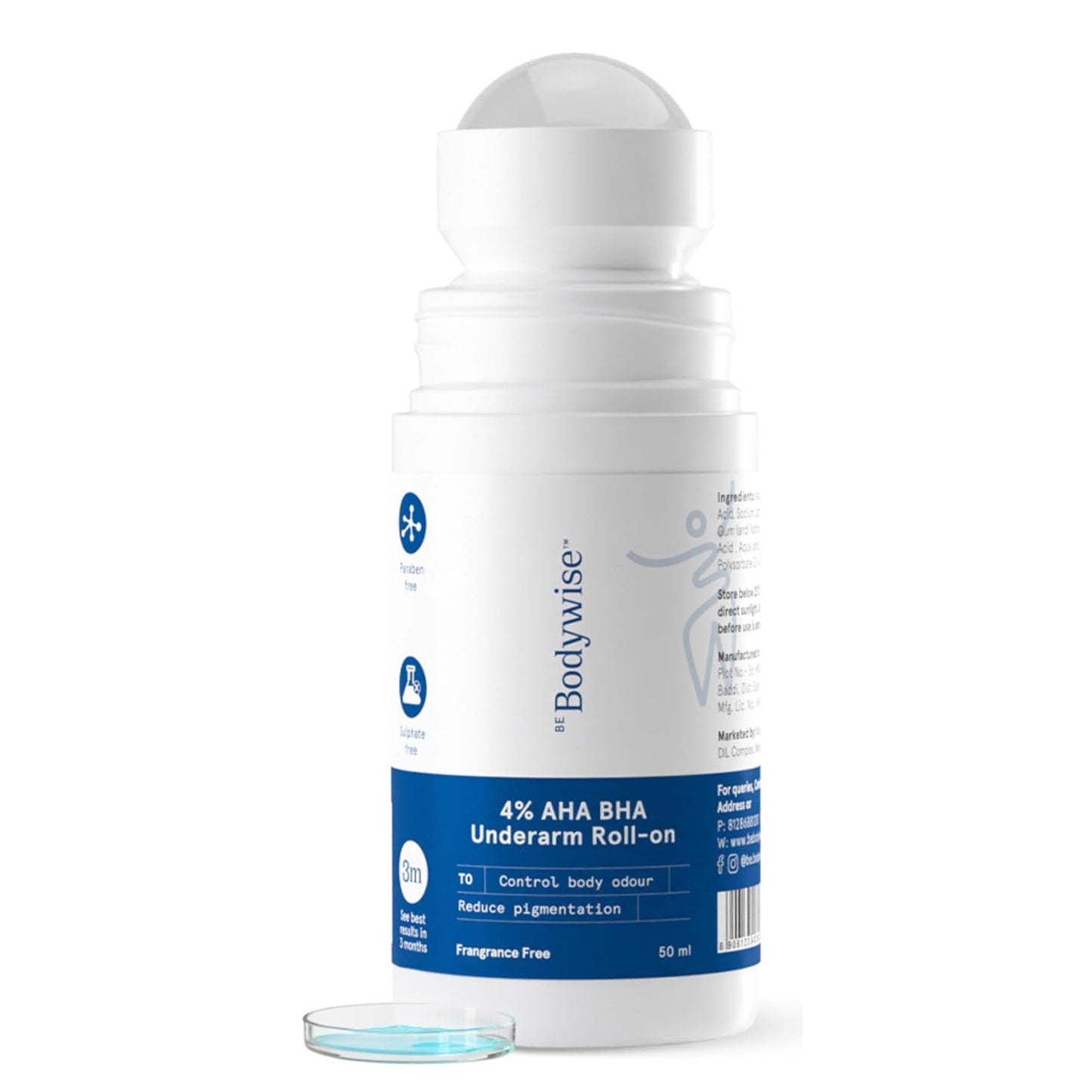 Be Bodywise 4% AHA BHA Underarm Roll On Deodorant | Watermelon Fragrance | With 1% Mandelic Acid, 2% Lactic Acid & Alpha Arbutin , 50 ml