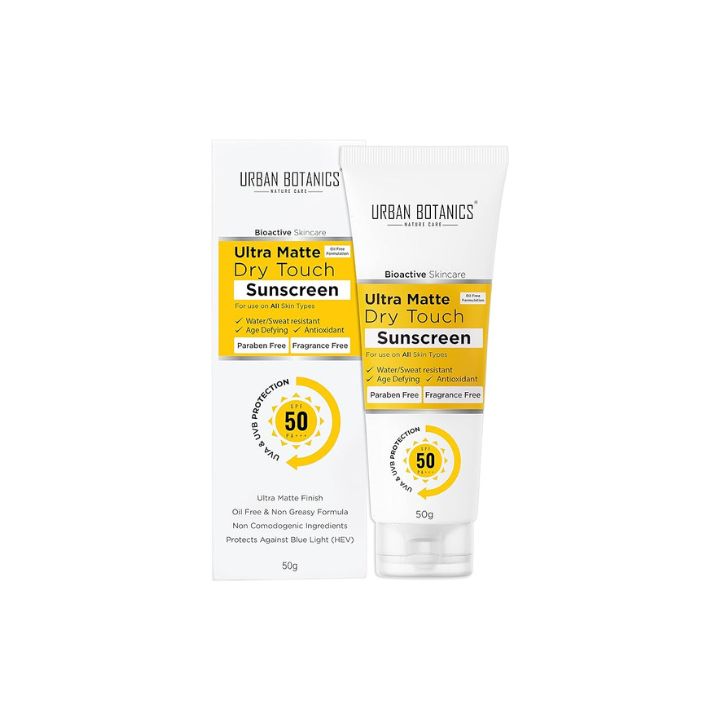 Urban Botanics Ultra Matte Dry Touch Sunscreen SPF 50 PA+++ - Non Comedogenic - Water/Sweat Resistant - Protect against Blue Light, UVA/UVB Rays - 50g