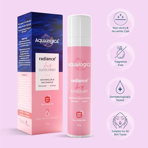 Aqualogica Radiance+ Dewy Sunscreen Cream,Watermelon & Niacinamide, Spf 50+, Pa+++, 50g
