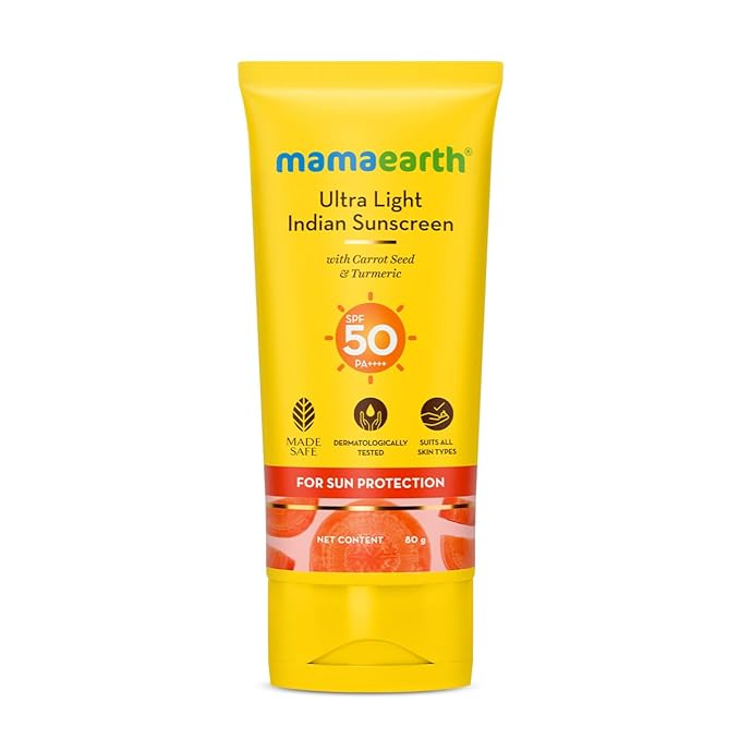 Mamaearth Ultra Light Indian Sunscreen with Carrot Seed, Turmeric and SPF 50 PA+++ - 80ml Packed with SPF 50 | Long Lasting Sun Protection