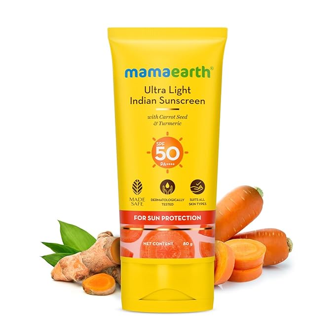 Mamaearth Ultra Light Indian Sunscreen with Carrot Seed, Turmeric and SPF 50 PA+++ - 80ml Packed with SPF 50 | Long Lasting Sun Protection