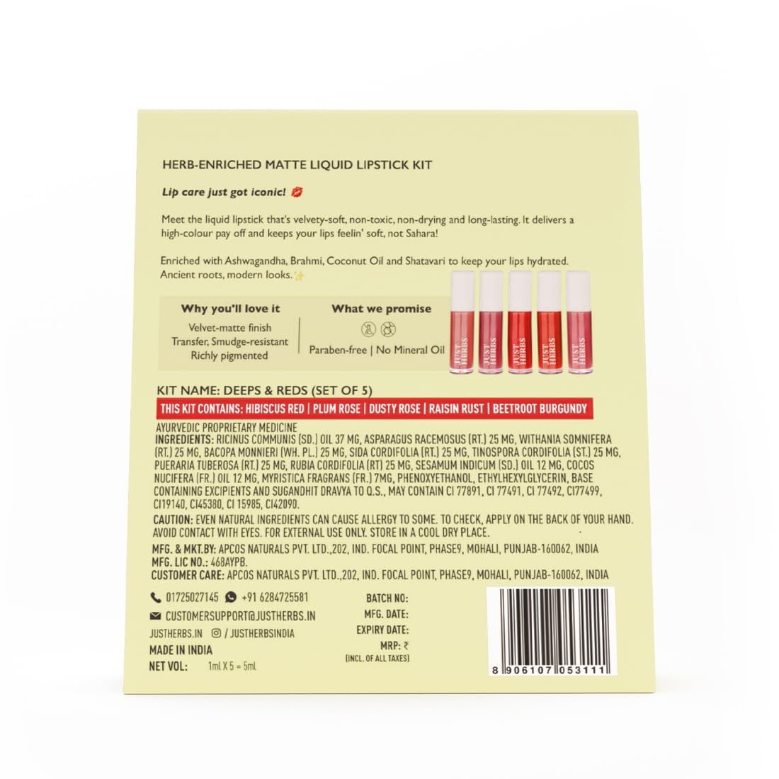 Just Herbs Herb Enriched Matte Liquid Lipstick, Set of 5, Deeps and Reds