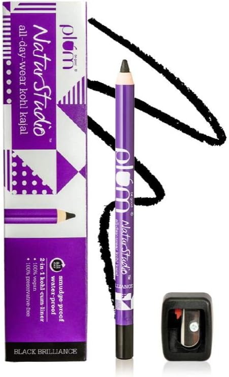 Plum Naturstudio All-Day-Wear Kohl Kajal Matte Finish Black Brilliance Eyeliner Pencil With Free Sharpener | Smudge Proof | Waterproof 2-In-1 Eyeliner + Kajal Makeup Set, 1.2 g