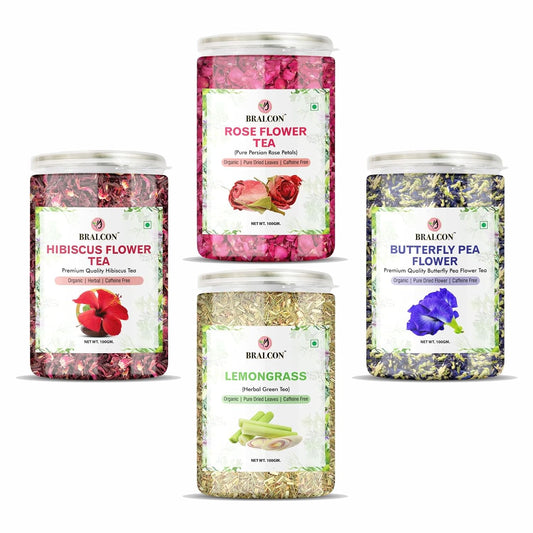 Bralcon Herbal Tea Combo Pack- Hibiscus Flower Tea, Butterfly Pea, Rose, Lemongrass - 400 gm