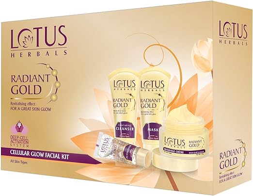 Lotus Radiant Gold Facial Kit for instant glow with 24K Pure Gold & Papaya,4 easy steps, 170g Multiple use