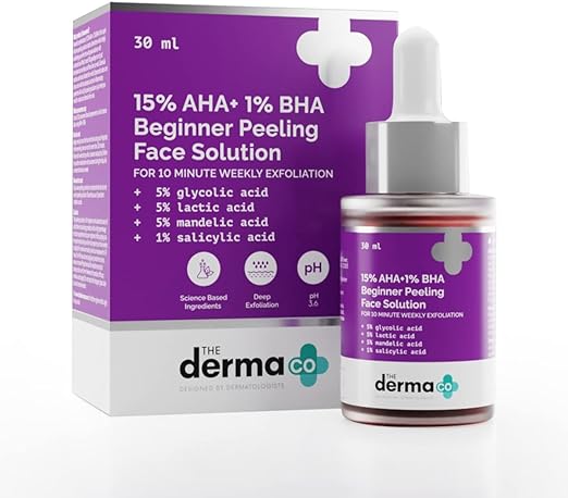 The Derma Co 15% AHA + 1% BHA Beginner Face Peeling Solution for 10-Minute Weekly Exfoliation - 30ml