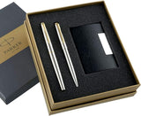 Parker Galaxy Gold Trim Ball Pen with Free Card Holder (Stainless Steel)