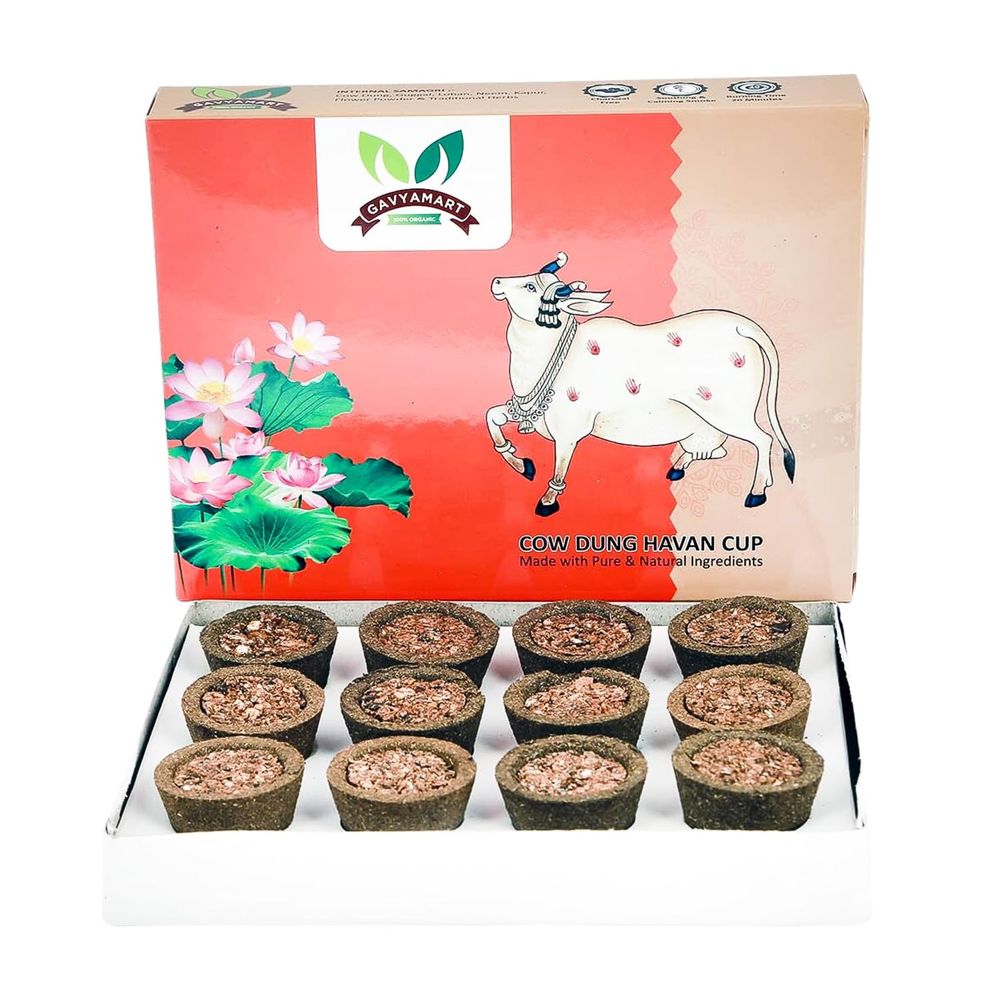 Gavyamart Organic Cow Dung Havan Sambrani Cups | 15 Cups for Home Dhoop Cup