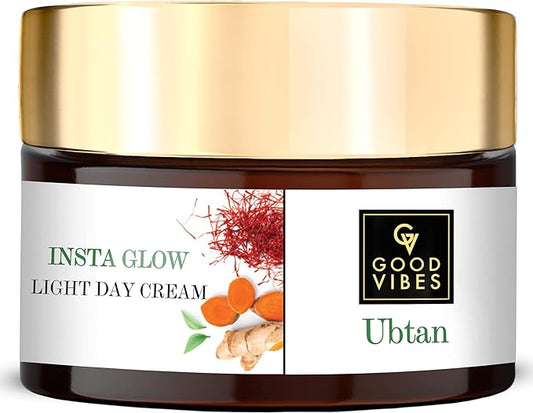 Good Vibes Ubtan Insta Glow Light Day Cream - Contain Saffron, Turmeric, & Vitamin B3 - Natural Exfoliant, Enhances Glow - Light Non Sticky Texture - Chemical Free - 50 g