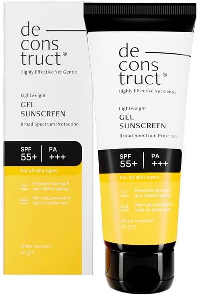 De - cons truct Lightweight Gel Sunscreen| SPF 55+ and PA+++ - No White Cast for Men & Women, 50gm