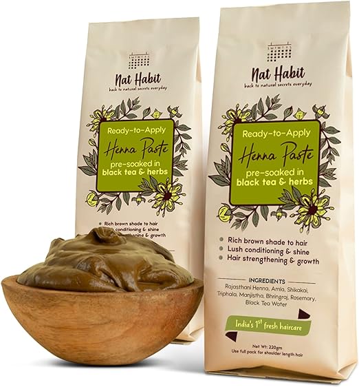 Nat Habit - Back To Natural Secrets Everyday Ready-to-Apply Henna Paste, 100% Natural, Soaked in BlackTea and Herbs, 220g (Pack of 2) - Dark Brown