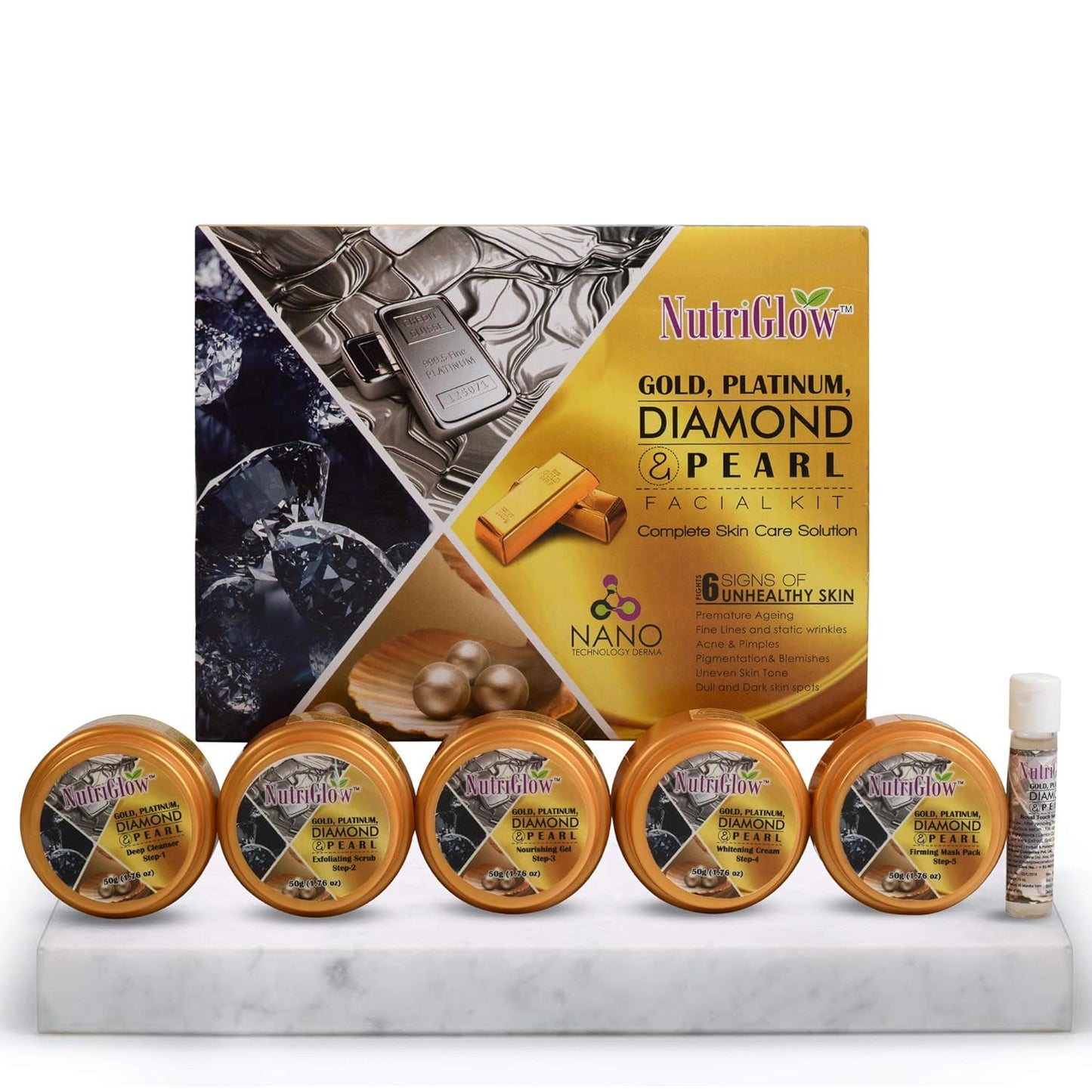 NutriGlow Platinum Diamond Gold and Pearl Facial kit 6-Pieces, 250 gm+10 ml