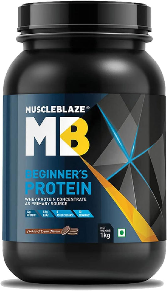 MuscleBlaze Beginner's Whey Protein, No Added Sugar, Faster Muscle Recovery & Improved Strength (Cookies and Cream, 1 kg / 2.2 lb)